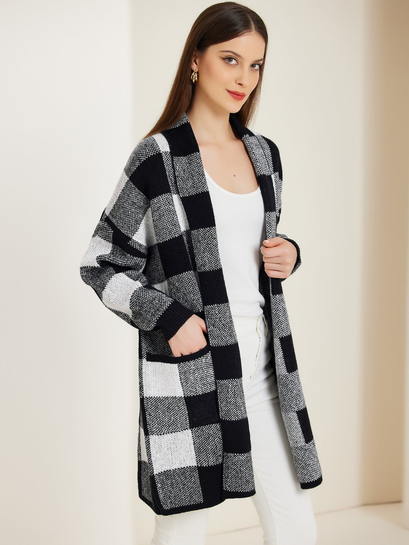 Allegra K Plaid Long Sleeve Pocket Open Front Casual Winter Sweater Cardigan