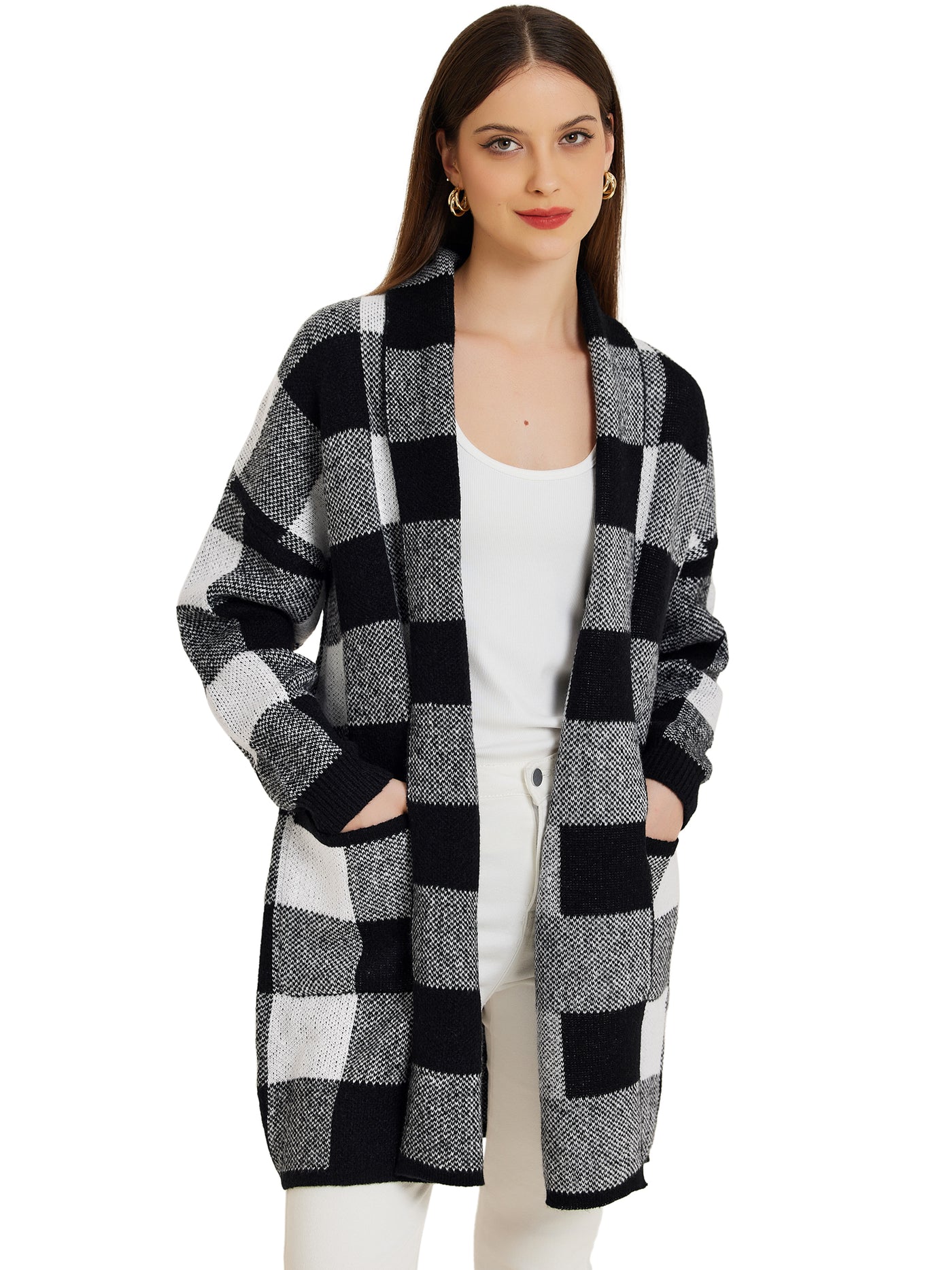 Allegra K Plaid Long Sleeve Pocket Open Front Casual Winter Sweater Cardigan