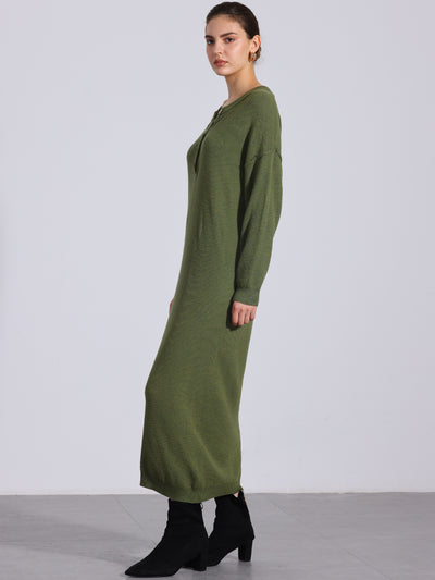 Knit Long Sleeve Buttons Crew Neck Midi Sweater Dress