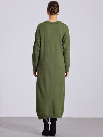 Knit Long Sleeve Buttons Crew Neck Midi Sweater Dress