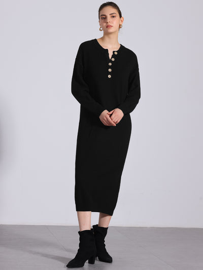 Knit Long Sleeve Buttons Crew Neck Midi Sweater Dress