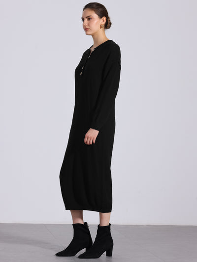 Knit Long Sleeve Buttons Crew Neck Midi Sweater Dress