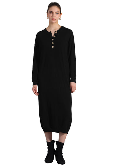 Knit Long Sleeve Buttons Crew Neck Midi Sweater Dress