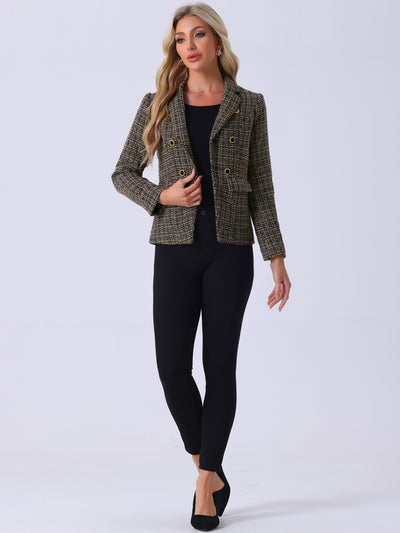 Tweed Plaid Long Sleeves Notched Lapel Open Front Blazer Jacket