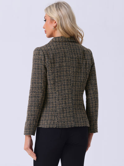 Tweed Plaid Long Sleeves Notched Lapel Open Front Blazer Jacket