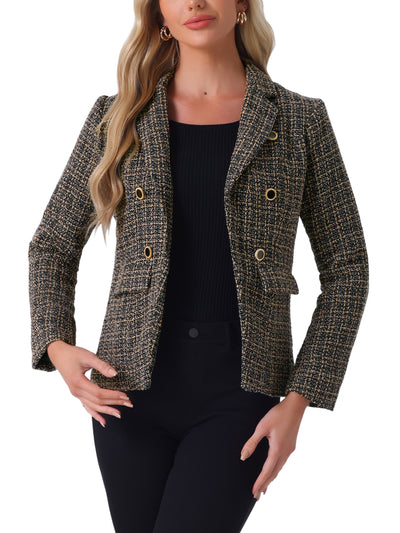 Tweed Plaid Long Sleeves Notched Lapel Open Front Blazer Jacket