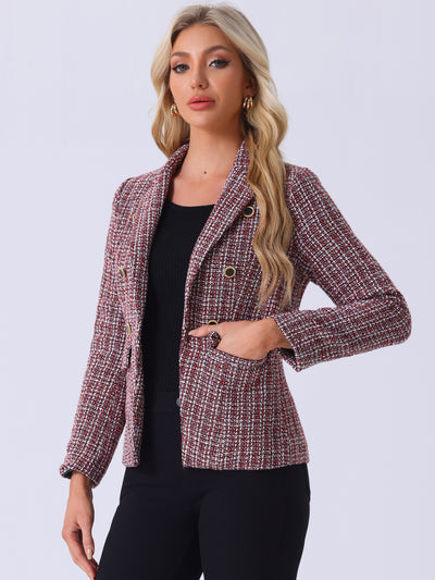 Tweed Plaid Long Sleeves Notched Lapel Open Front Blazer Jacket