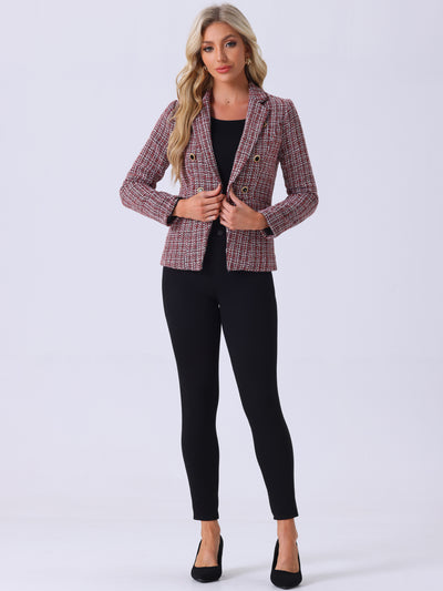 Tweed Plaid Long Sleeves Notched Lapel Open Front Blazer Jacket