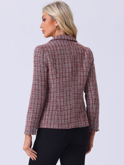 Tweed Plaid Long Sleeves Notched Lapel Open Front Blazer Jacket