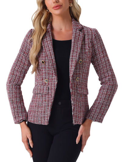 Tweed Plaid Long Sleeves Notched Lapel Open Front Blazer Jacket