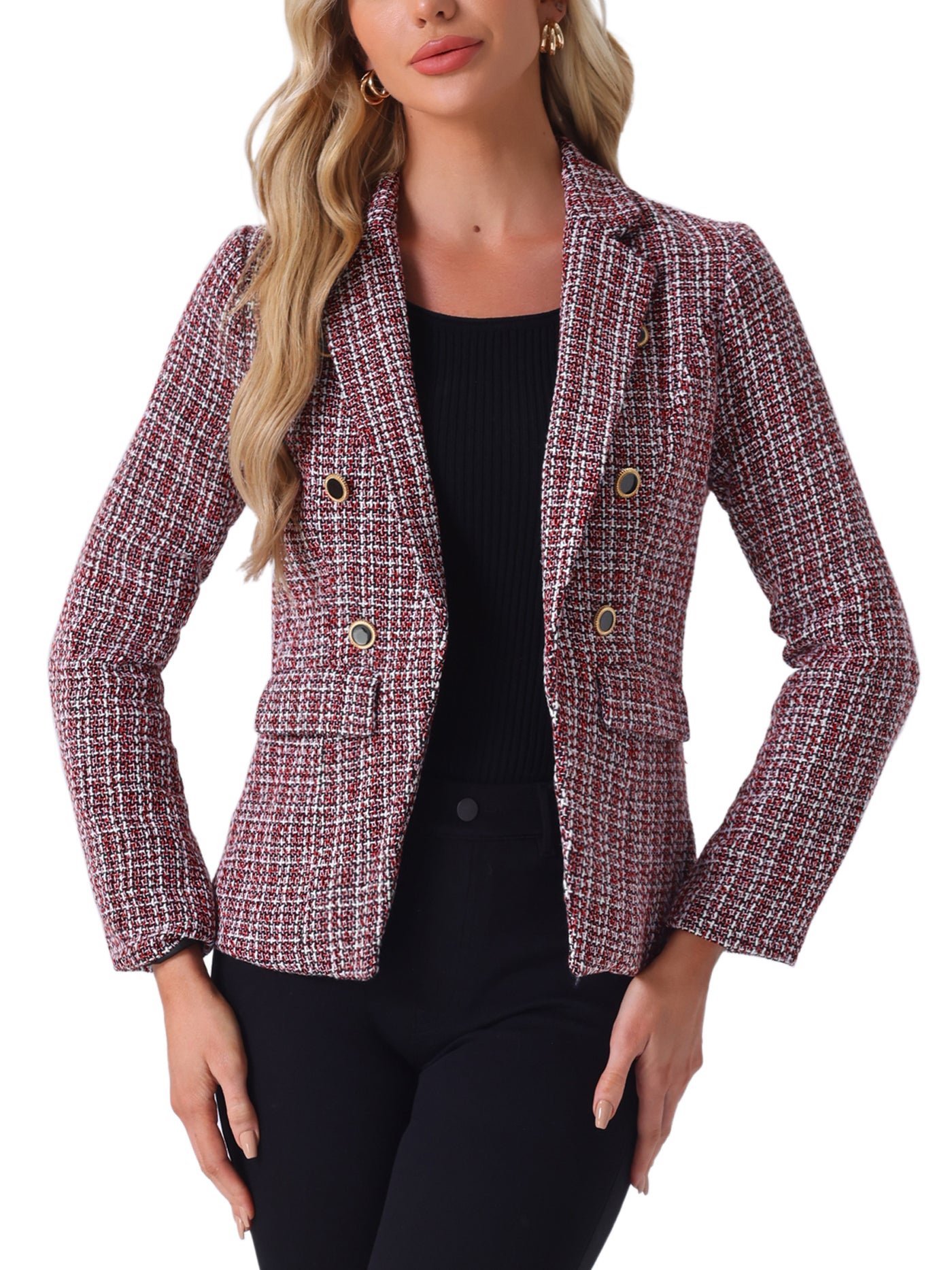 Allegra K Tweed Plaid Long Sleeves Notched Lapel Open Front Blazer Jacket