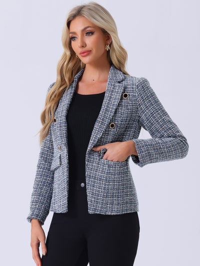 Tweed Plaid Long Sleeves Notched Lapel Open Front Blazer Jacket