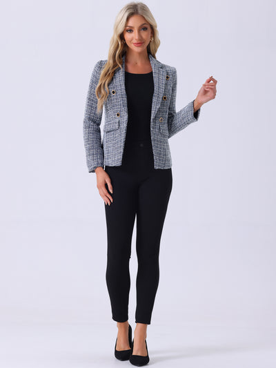 Tweed Plaid Long Sleeves Notched Lapel Open Front Blazer Jacket