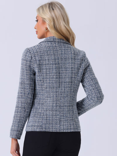 Tweed Plaid Long Sleeves Notched Lapel Open Front Blazer Jacket