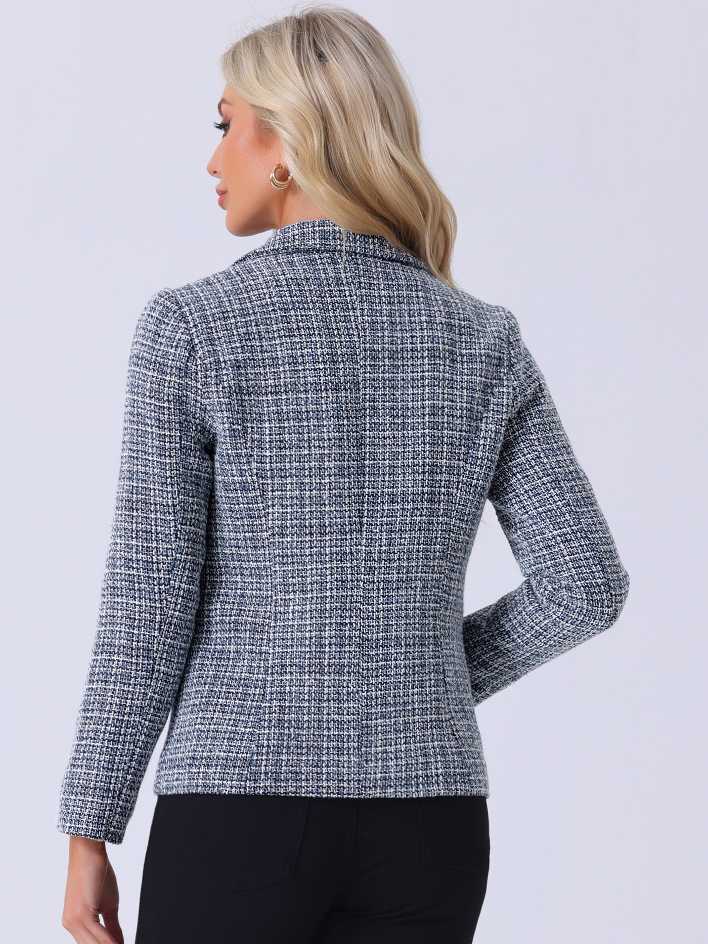 Allegra K Tweed Plaid Long Sleeves Notched Lapel Open Front Blazer Jacket