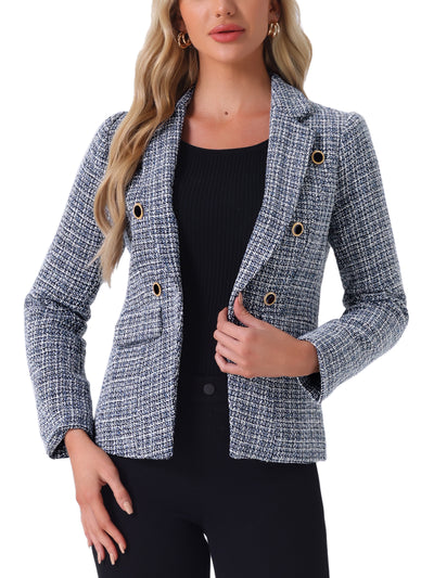 Tweed Plaid Long Sleeves Notched Lapel Open Front Blazer Jacket