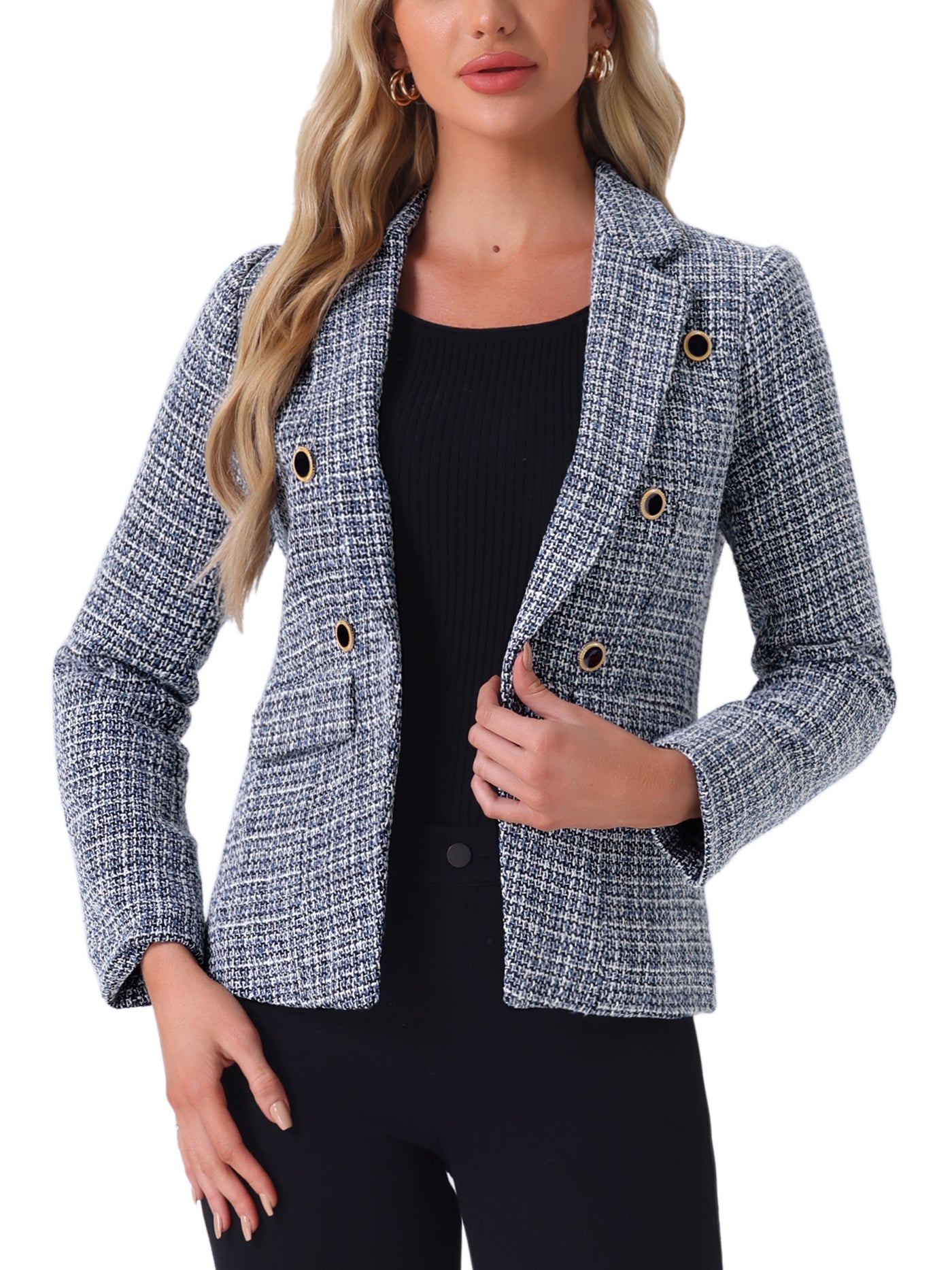 Allegra K Tweed Plaid Long Sleeves Notched Lapel Open Front Blazer Jacket