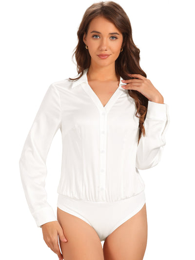 Button Down Collared Long Sleeve Satin Work Bodysuit