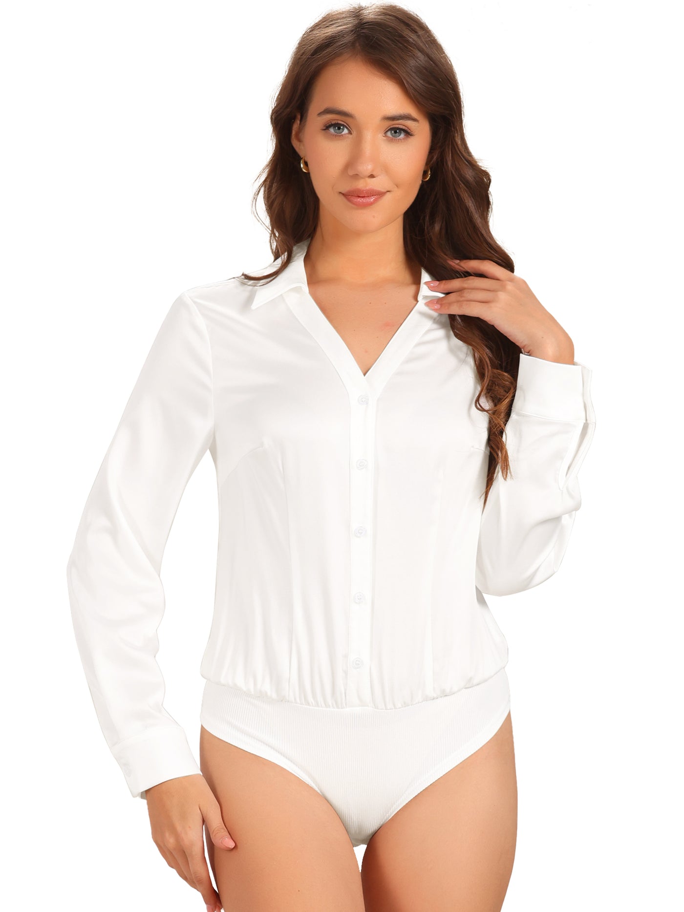 Allegra K Button Down Collared Long Sleeve Satin Work Bodysuit