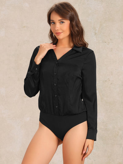 Button Down Collared Long Sleeve Satin Work Bodysuit