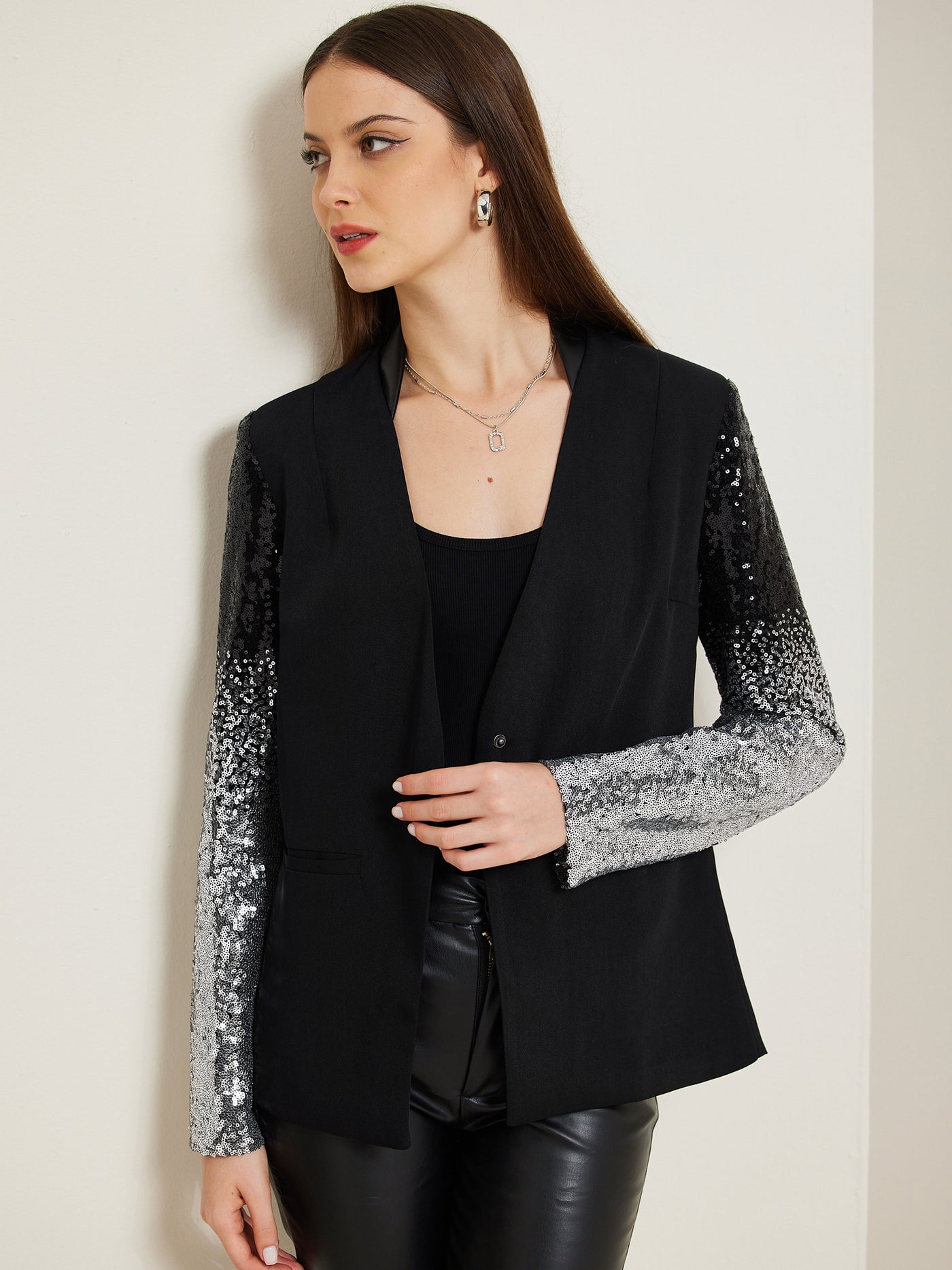 Allegra K Shiny Sequin Long Sleeves Sparkle Casual Blazer Jacket