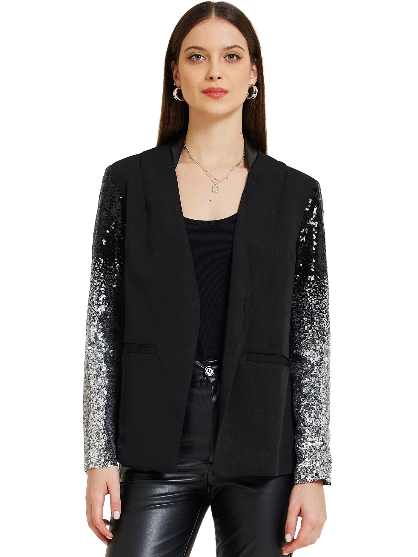 Allegra K Shiny Sequin Long Sleeves Sparkle Casual Blazer Jacket