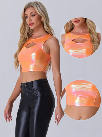 Metallic Shiny Sleeveless Cut Out Party Holographic Crop Top