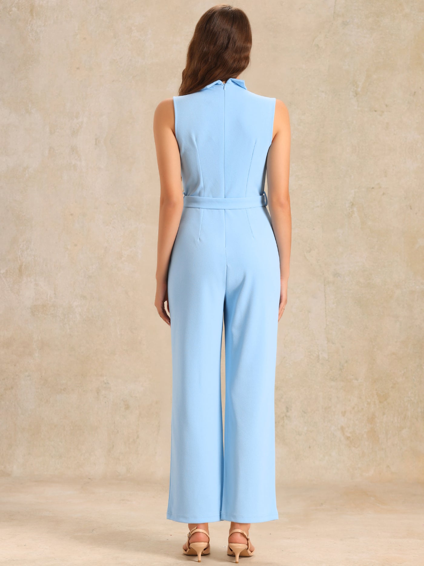 Allegra K Elegant Office Work Sleeveless Belted Long Jumpsuit