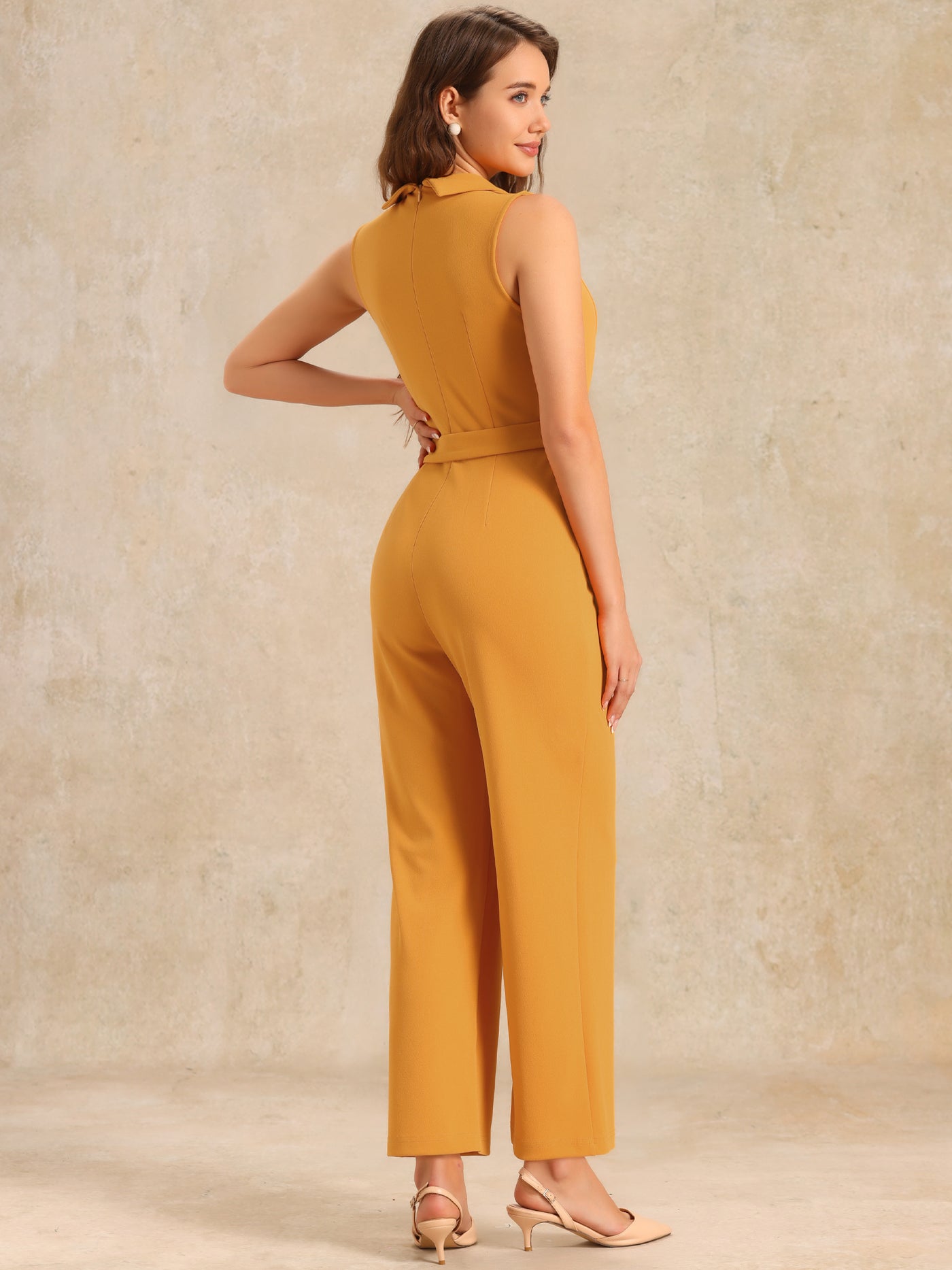 Allegra K Elegant Office Work Sleeveless Belted Long Jumpsuit