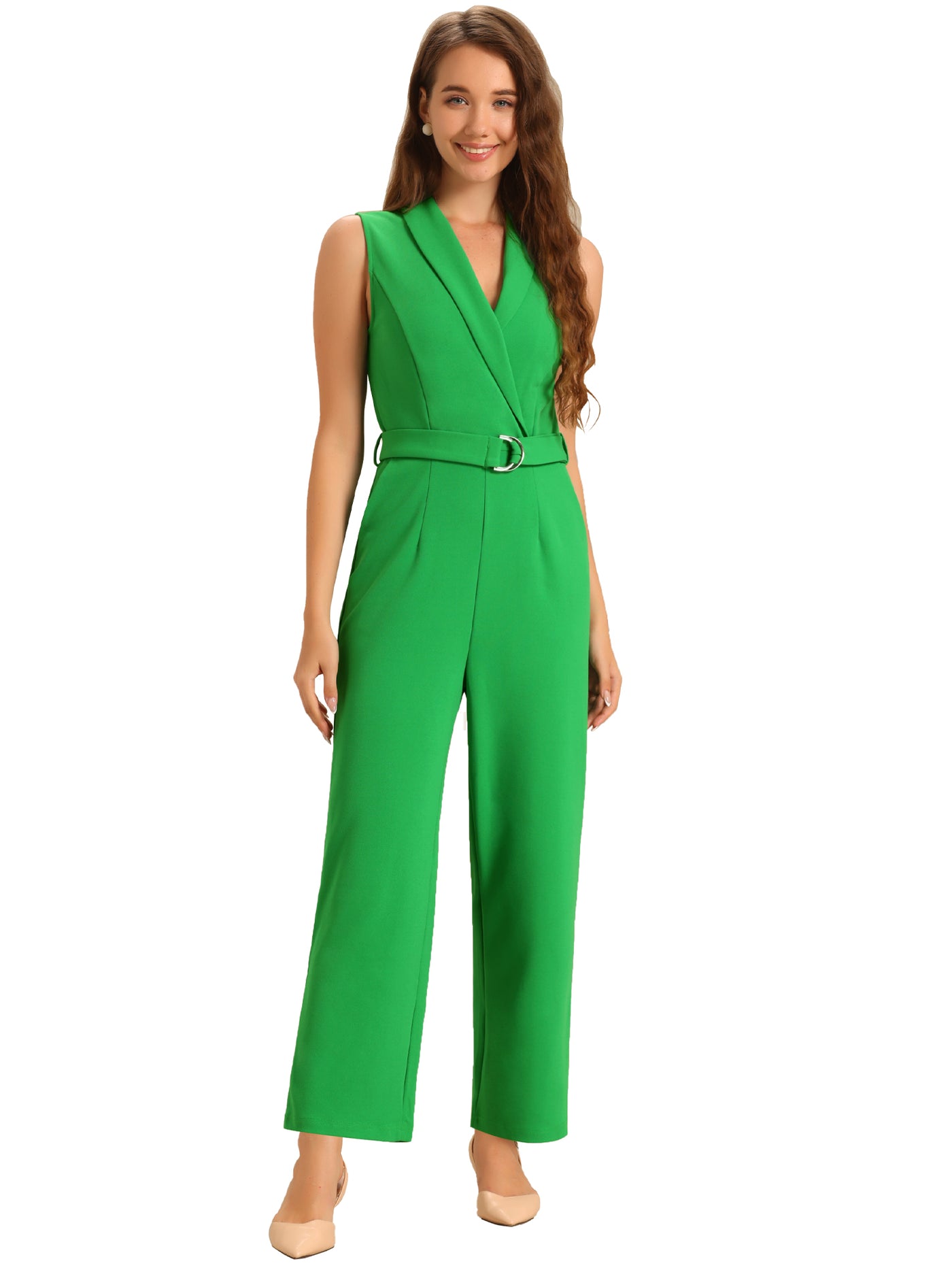 Allegra K Elegant Office Work Sleeveless Belted Long Jumpsuit