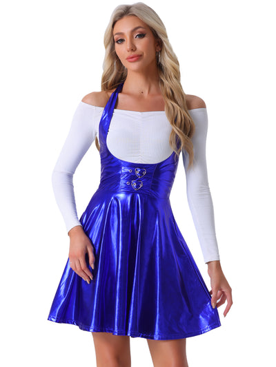 Metallic Overalls High Waist Party A-Line Suspender Skirt