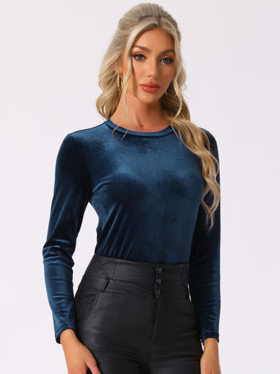 Casual Round Neck Stretchy Long Sleeve Velvet Solid Blouse