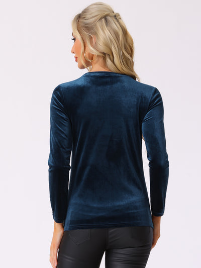 Casual Round Neck Stretchy Long Sleeve Velvet Solid Blouse