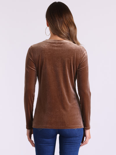 Casual Round Neck Stretchy Long Sleeve Velvet Solid Blouse