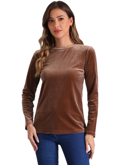 Casual Round Neck Stretchy Long Sleeve Velvet Solid Blouse