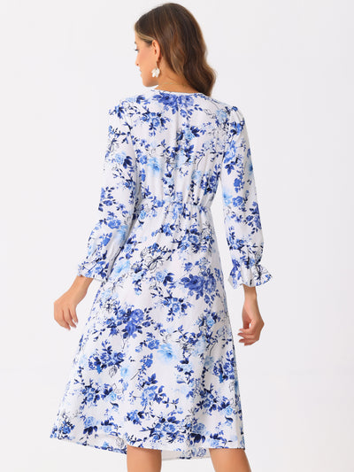 Floral V Neck Twist Waist Ruffle Long Sleeve Elegant Midi Dress