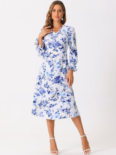 Floral V Neck Twist Waist Ruffle Long Sleeve Elegant Midi Dress