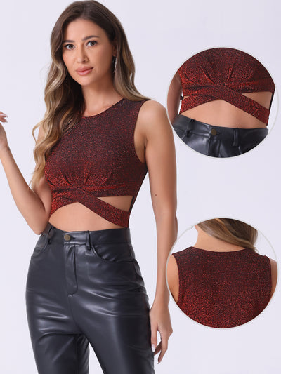 Party Glitter Cut Out Front Sleeveless Slim Fitted Crop Tank Top