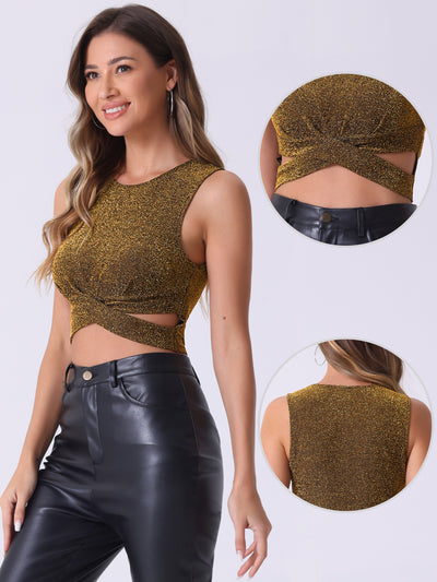 Party Glitter Cut Out Front Sleeveless Slim Fitted Crop Tank Top