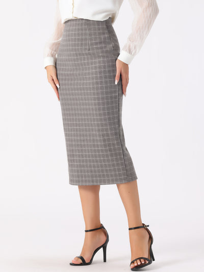 Women's Checked Plaid Printed High Waist Zipper Back Split Bodycon Midi Skirt