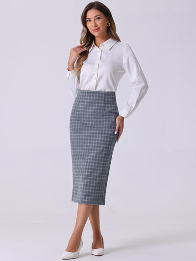 Women's Checked Plaid Printed High Waist Zipper Back Split Bodycon Midi Skirt