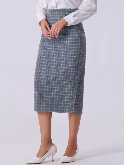 Women's Checked Plaid Printed High Waist Zipper Back Split Bodycon Midi Skirt