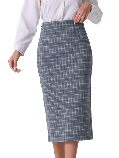 Women's Checked Plaid Printed High Waist Zipper Back Split Bodycon Midi Skirt