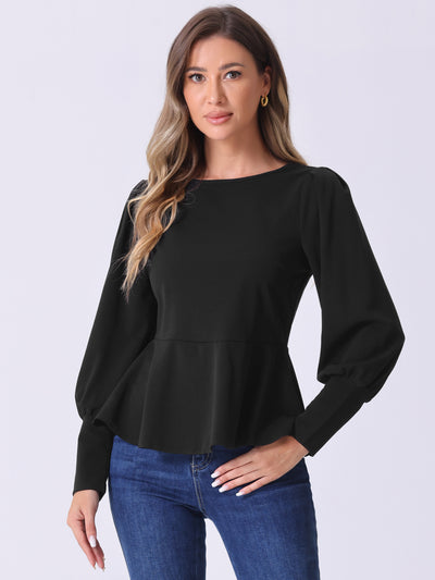 Allegra K Lantern Long Sleeve Crew Neck Peplum Blouses