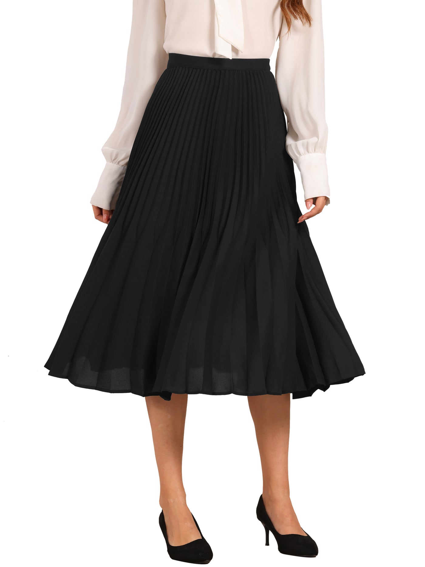 Allegra K Elastic Waist Flowy A-Line Pleated Midi Skirt