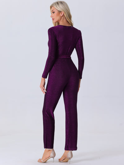 Glitter V Neck Long Sleeves Belted Tie Waist Jumpsuits