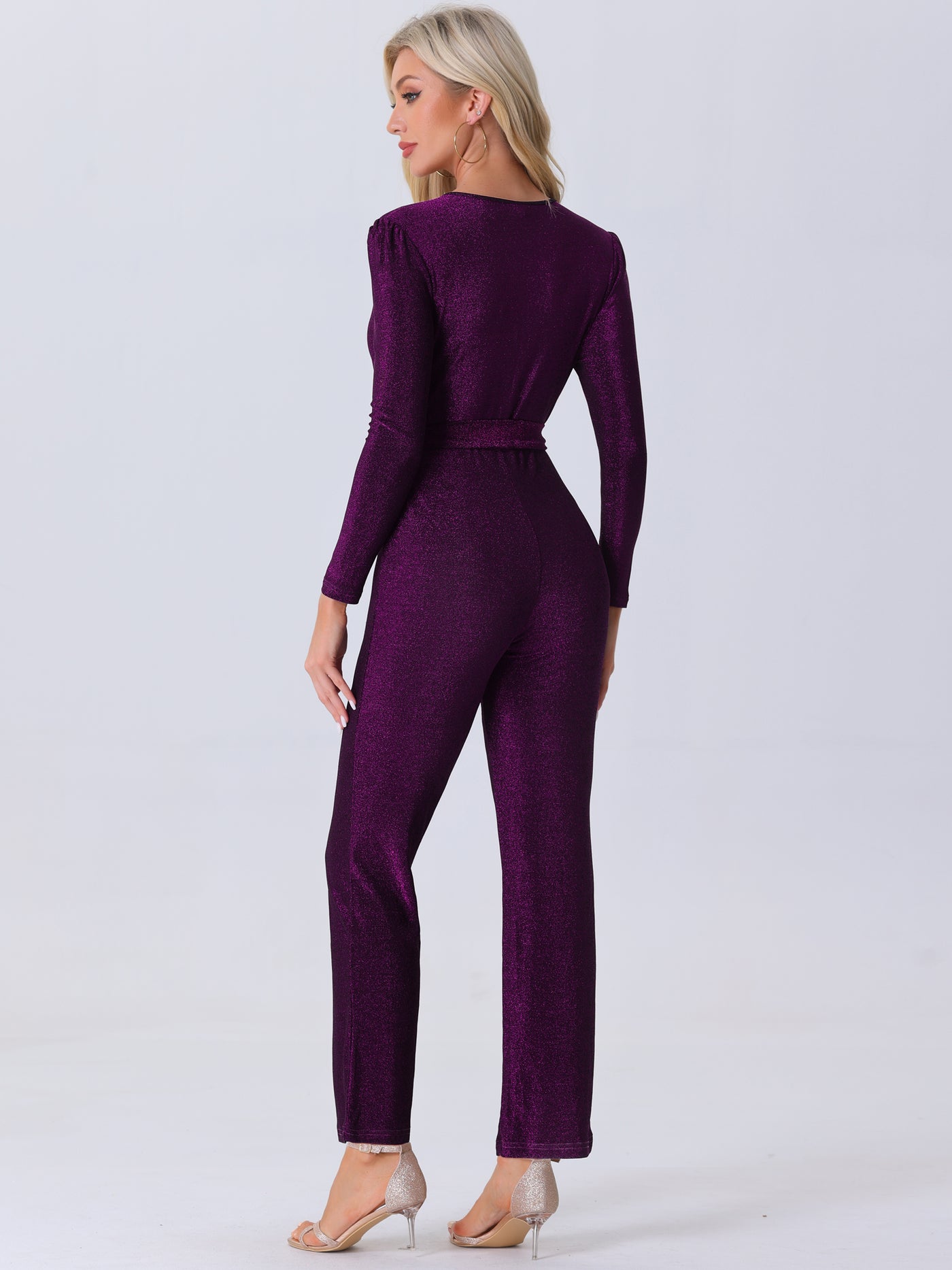 Allegra K Glitter V Neck Long Sleeves Belted Tie Waist Jumpsuits