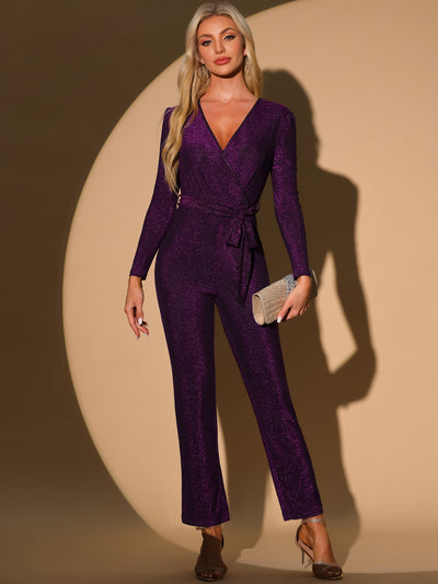 Glitter V Neck Long Sleeves Belted Tie Waist Jumpsuits