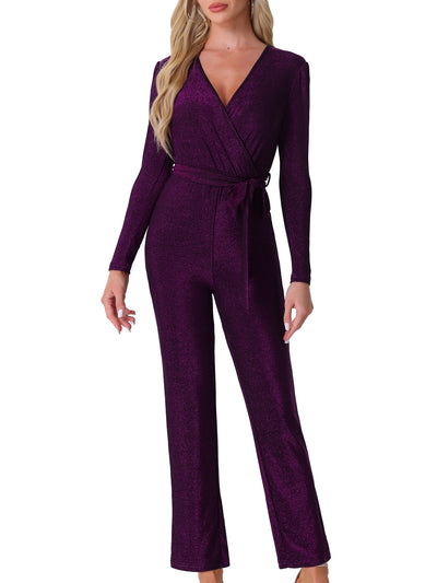 Glitter V Neck Long Sleeves Belted Tie Waist Jumpsuits