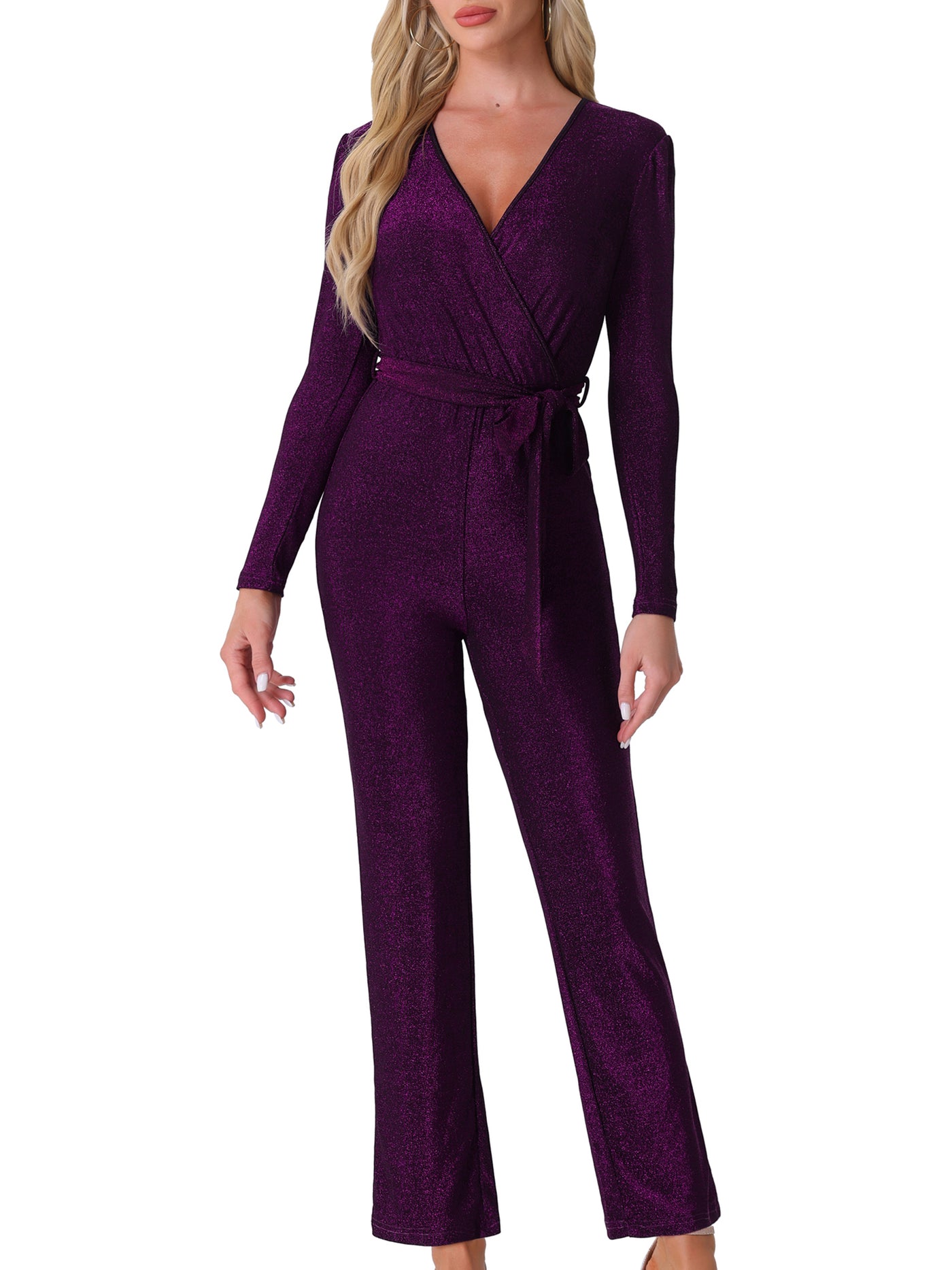 Allegra K Glitter V Neck Long Sleeves Belted Tie Waist Jumpsuits